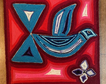 Huichol Yarn Art. Vintage Yarn Bird Art. Ethnic Patriotic Patina Blue Retro Eclectic Boho Hippie Wall. Handcraft Nature Art 4th July