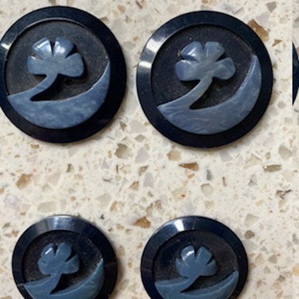 Bakelite Tree Buttons. 4 Two Tone Blue Buttons. Palm Tree Land Buttons in 2 Sizes. Flat Buttons