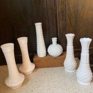 Milk Glass Vase. White Tapered Vase. Collectible Bud Vase. Geometric, Hobnail, Diamond Design Vase.  Choice