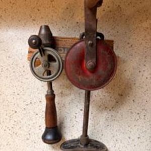Choice. Old Metal Hand Drill. Shoulder Breast Rusty Vintage Wood Hand Drill. Industrial Primitive Rustic Decor.