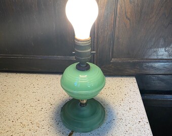 Green Glass Lamp.  Old Small Green Lamp. Vintage Green Base Bedside Glass Lamp. Working Green Retro Vintage Old Lamp