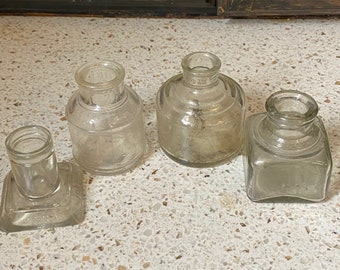 4 Old Ink Bottles. Sheaffer's Ink Bottle. Glass Fountain Pen Holder. Old Writing Memorabilia. Calligraphy Bottles.