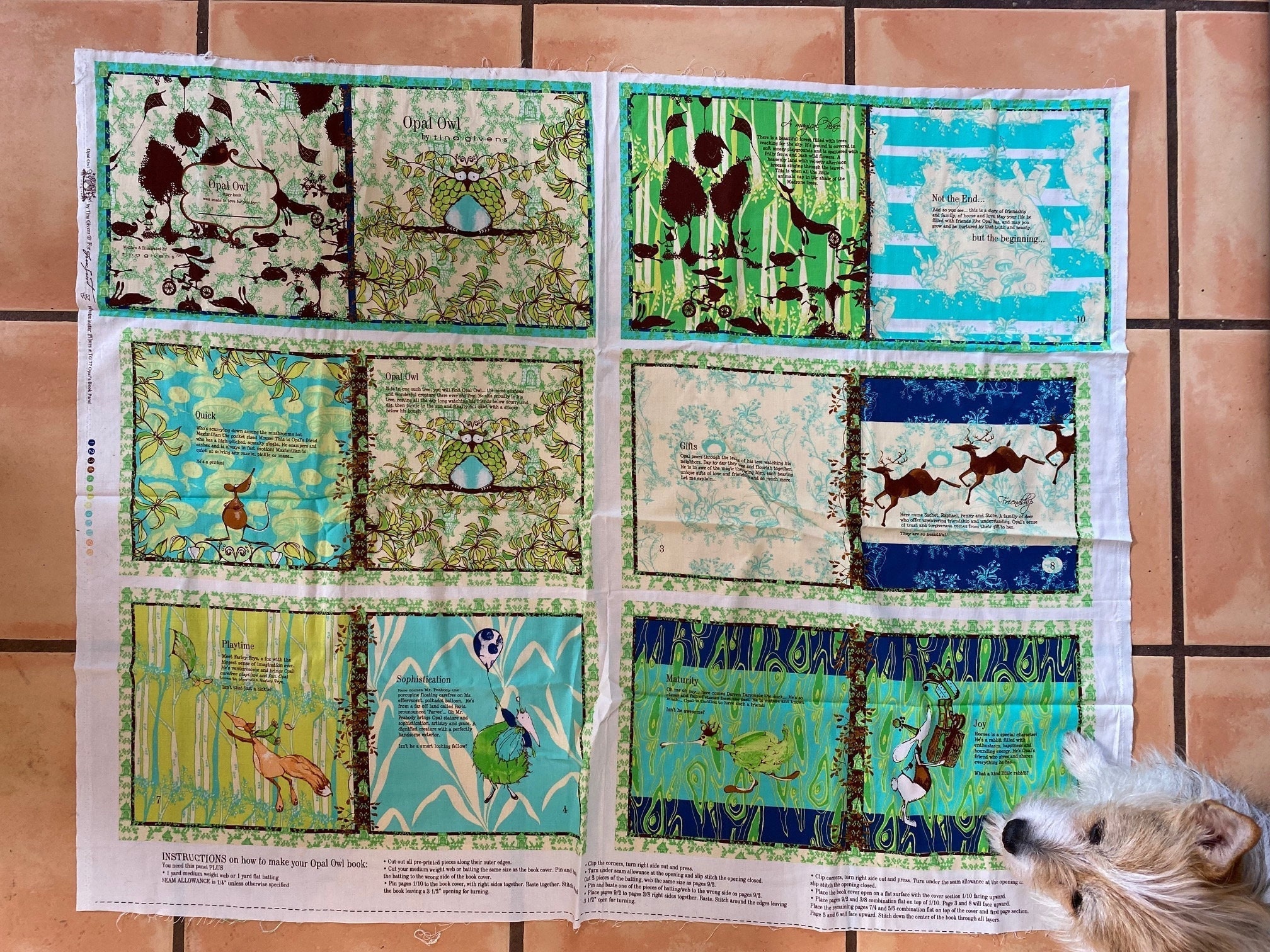 Opal Owl Fabric. Tina Givens Free Spirit Fabric. Opal Owl Fabric for Book. 12 Panels for Book. Aqua,