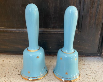 Beautiful Blue Bell.  Blue Gold Hand Bell.  Porcelain Ringing Dinner Bell.  Vintage Blue Bell.  Gender Reveal.