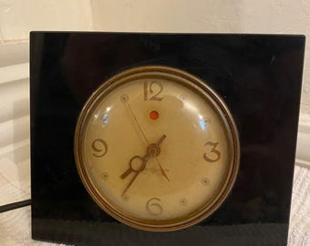 Marble GE Vintage Clock. Retro GE Black Clock. Retro Desk Mantle Electrical Clock. Sleek Gold Black Clock