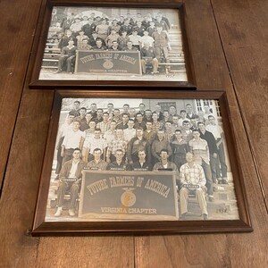 May include: Two framed black and white photographs. Each features a group of young men posing with a sign that reads "Future Farmers of America, Virginia Chapter." The photos are dated 1957 and 1958. The frames are dark brown.