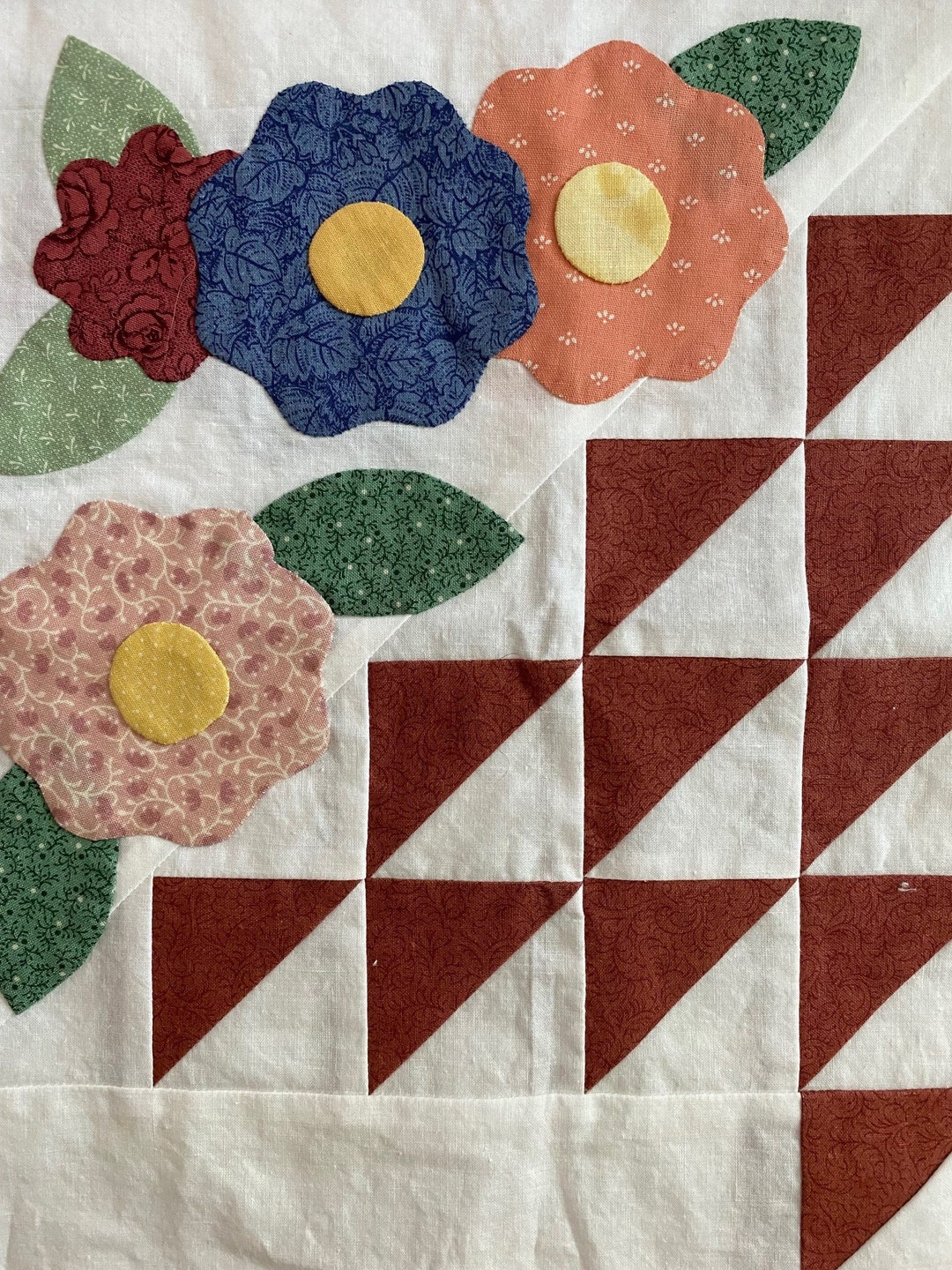 4 Applique Squares. Quilt Basket Floral Squares. Quilt Squares for Sewing, Crafting. Hand ...
