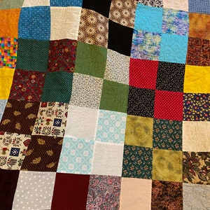 Vintage Cotton Patch Throw. Small Cotton Patch Squares Hand Stitch Wool Back Quilt.  Brightly Colored Quilt w Decorative Stitch. Reversible