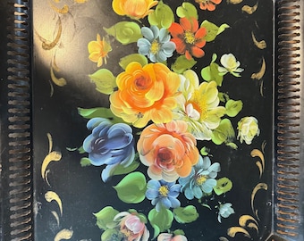 Large Tole Tray w Handles. Rectangle Painted Black Roses Tray. Large w Cutwork Rim. Victorian Table, Bench, Wall