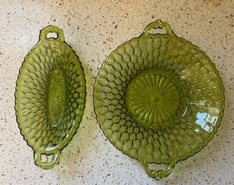 Green Relish Dishes. Indiana Honeycomb Vintage Bowls. Vintage/Retro Avocado/Olive Pressed Glass. Sold Together