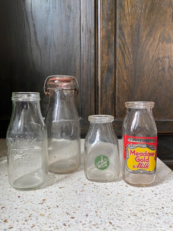 Glass Milk Bottle. Vintage Glass Milk Bottles. 3 Marked Bottle, 1 Unmarked.  Borland's Dairy, Meadow Gold, Old Milk Dairy Kitchen Decor 