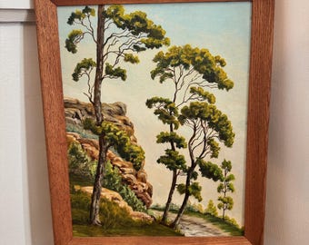 Bloc d'arbres 14 x 18 encadré. Peinture originale. On dirait de la peinture à numéros. Peinture de paysage. Cadre vertical en chêne pour petits espaces