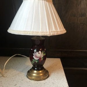 Red Glass Lamp. Red Hand Painted Gold Small Lamp. Gold Base Glass Lamp. Victorian Floral Bedside Lamp w Ivory Pleated Fabric Shade