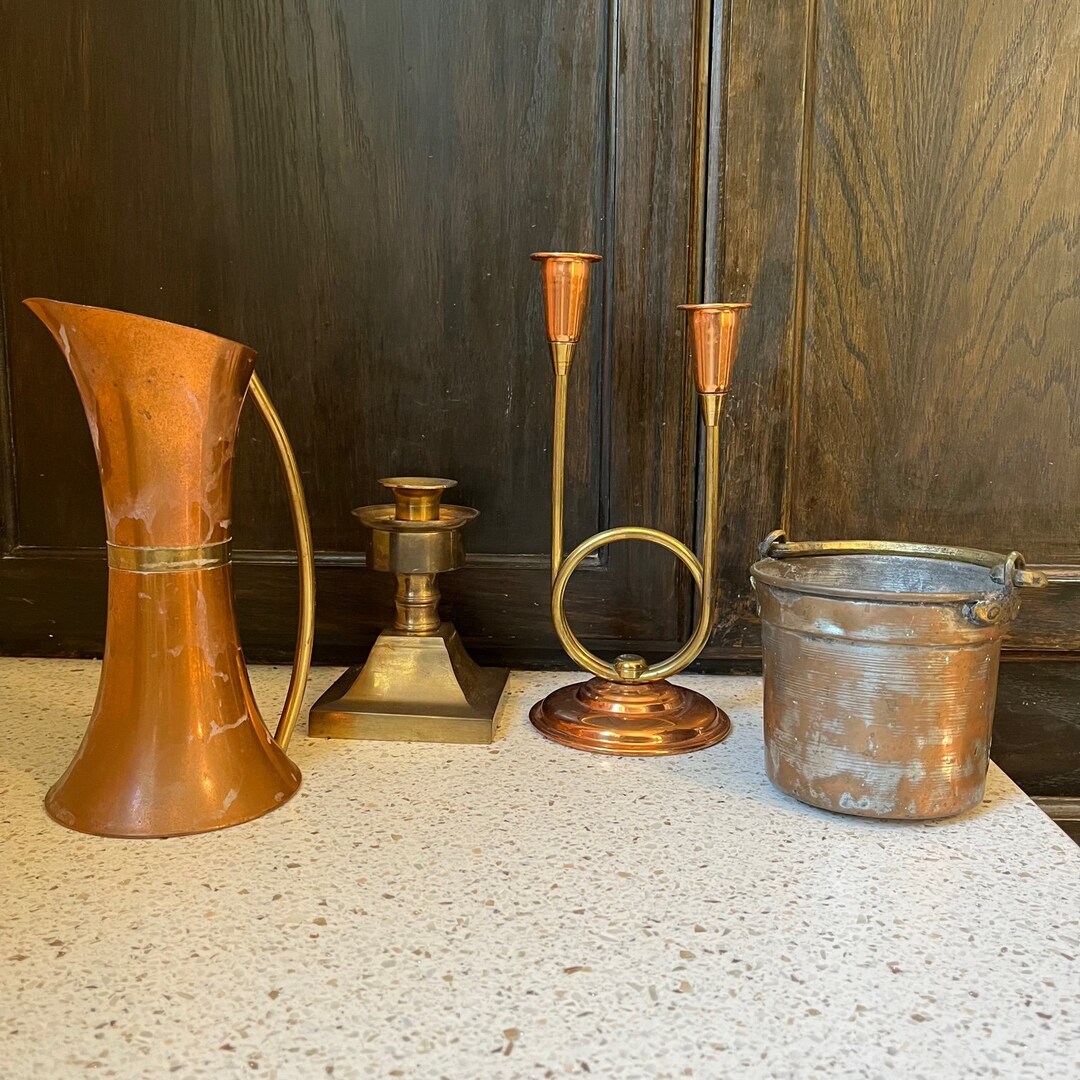 Vintage Copper Decor. Copper Candlesticks, Cauldron, Pitcher