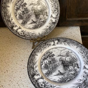 May include: Two decorative plates with a black and white pastoral scene. The plates feature a central image of a horse-drawn cart, a house, and a water wheel. The rims are decorated with floral and fruit patterns.