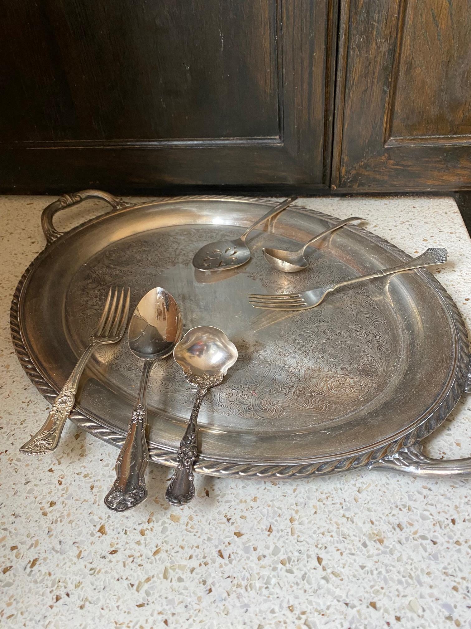 Silver Platter W Handles. Rogers Oval Silver Platter. Ornate