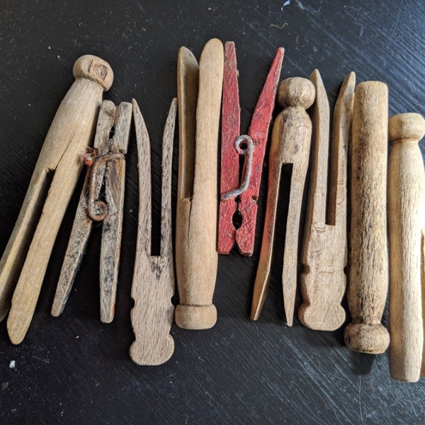 9 Vintage Clothespins. Wood Pins. Laundry Decor. Kitchen Decor. Wood Home. Clothesline Pins. Old Wood Pins. Rustic Decor. Primitive Decor