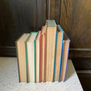 K&ouml;nnte beinhalten: Ein Stapel von sieben alten gebundenen B&uuml;chern mit verschiedenen R&uuml;ckenfarben. Die R&uuml;cken sind gr&uuml;n, creme, blau, rot, beige, blau und blau. Die B&uuml;cher sind in einer Reihe auf einer wei&szlig;en Oberfl&auml;che angeordnet.