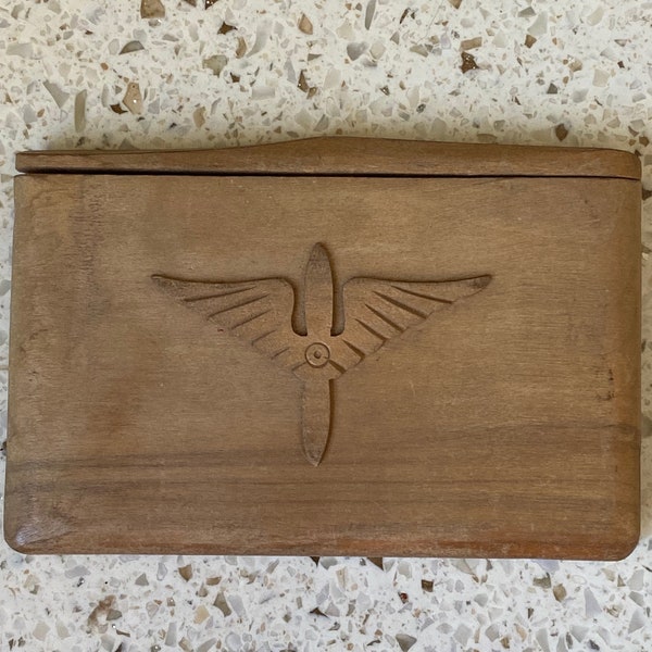 WWII Cigarette Case. Army Air Corp Cigarette Storage. Insignia on Wood w Turning Propeller to Open Case.  WWII Memorabilia.