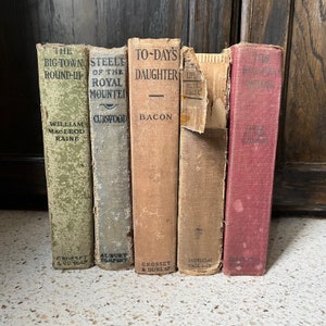 Distressed Book Set. 5 Vintage Books for Bookshelf Decor. Green, Tan, and Red Books by Color.