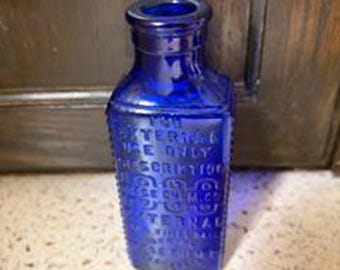 External Use Prescription Reese Chem. Co Emboss Cobalt Blue Bottle. Windowsill, Patriotic, Americana, Baby Shower