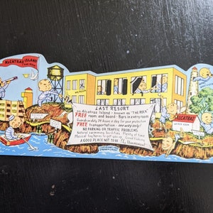 Cartolina di Alcatraz. Memorabilia di San Fran. San Fran d'epoca anni '70. Cartolina di cartoni animati. Regalo di un dipendente delle forze dell'ordine della prigione. Memorabilia di Cali