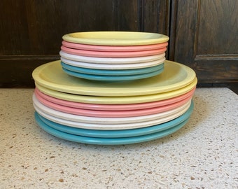 15 MCM Melmac Plates. Boontonware Colorful Plates. 1102-10 and 110-6 1/2.  Dinner and Dessert Salad Plates. Atomic MCM Pastel/Aqua Dishes
