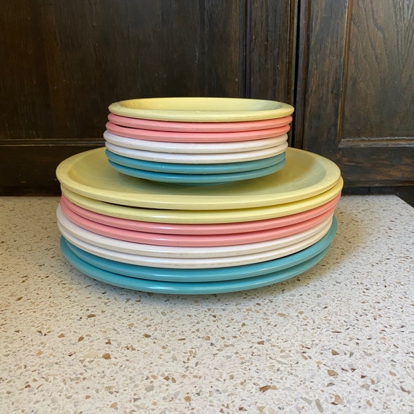 15 MCM Melmac Plates. Boontonware Colorful Plates. 1102-10 and 110-6 1/2.  Dinner and Dessert Salad Plates. Atomic MCM Pastel/Aqua Dishes