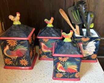Choice. Ceramic Rooster Canisters. Susan Winget. Hand Painted.