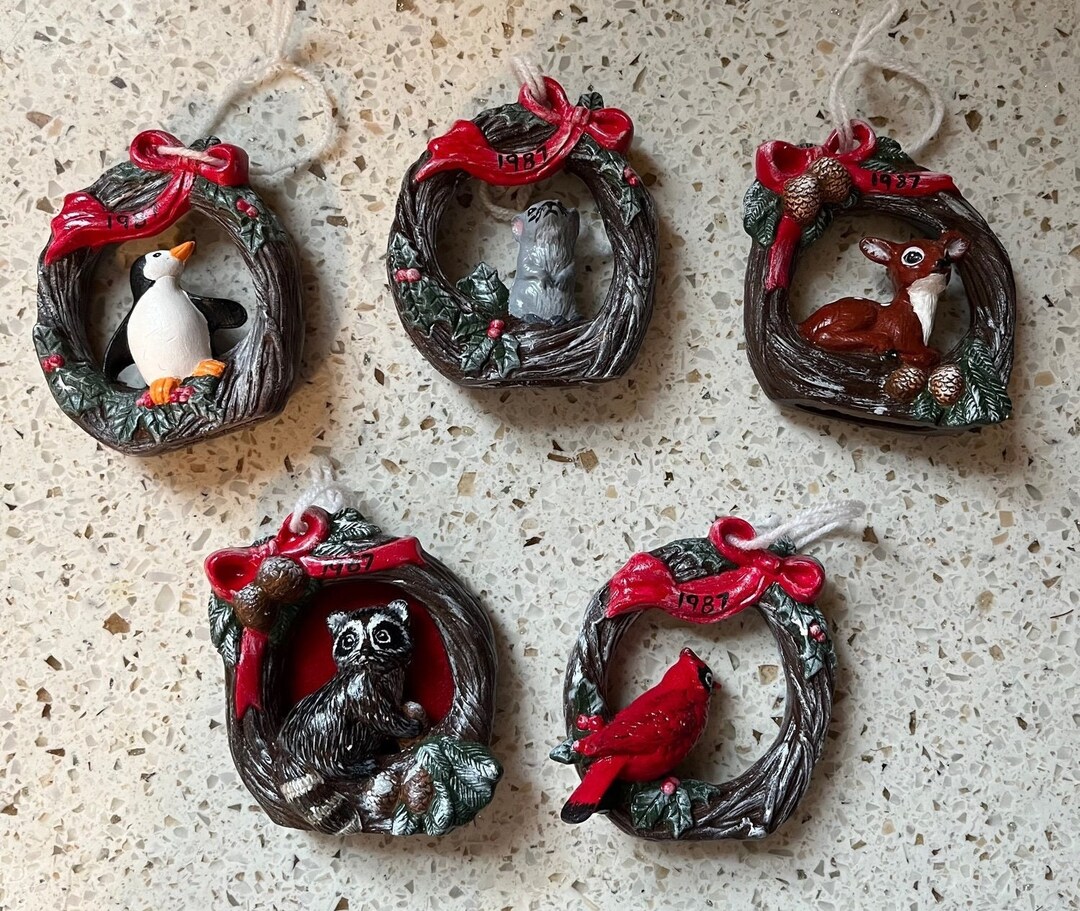 5 Retro Animal Ornaments. Vintage Hand Painted 1980s Ceramic Ornaments