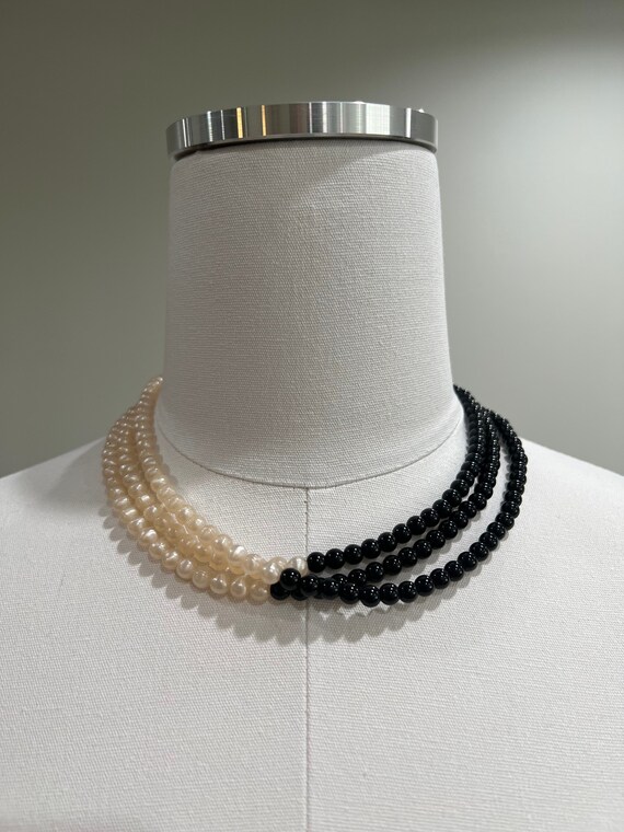 Black and white, black beads & pearl necklace. - image 1