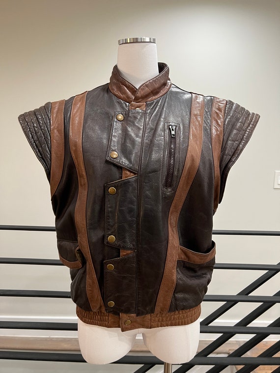 1980s New Wave mens brown leather vest