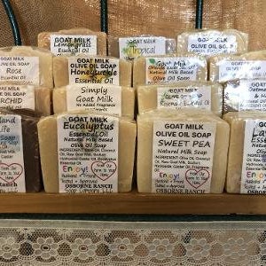 May include: A display of goat milk olive oil soap bars with various scents, including Rose, Orchid, Honeysuckle, Eucalyptus, Sweet Pea, and Lavender. Each bar is labeled with the scent and ingredients, and the brand name "Osborne Ranch" is visible on the bottom of the display.
