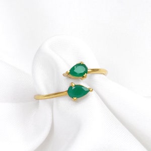 Green Onyx Teardop Gold Adjustable Ring, Gemstone Ring, Dainty Ring, Gift for Women Her