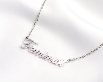 Feminist Script Name Necklace Silver 