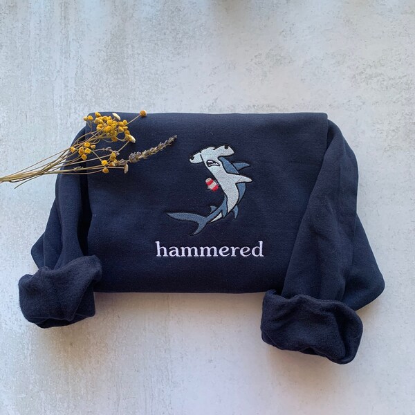 Hammered Shark embroidered sweatshirt | funny shark meme | hammerhead shark shirt | sea creature sweatshirt | drinking | funny beer shirt