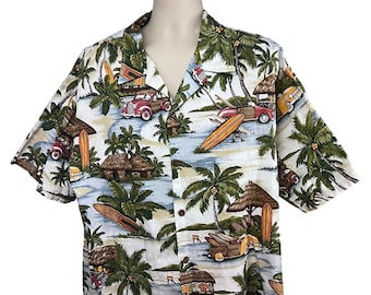 May include: A white short-sleeved button-down shirt with a tropical print featuring palm trees, surfboards, and vintage cars. The print is in shades of green, blue, red, yellow, and brown.