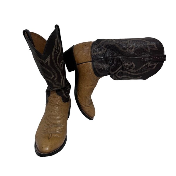 J Chisholm Mens Vintage Cowboy Western Boots 2 Tone Brown Leather US 10 USA