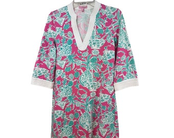 Vestido midi de cuello en V náutico con estampado floral hawaiano de Lilly Pulitzer para mujer, talla pequeña, mangas 3/4, elástico