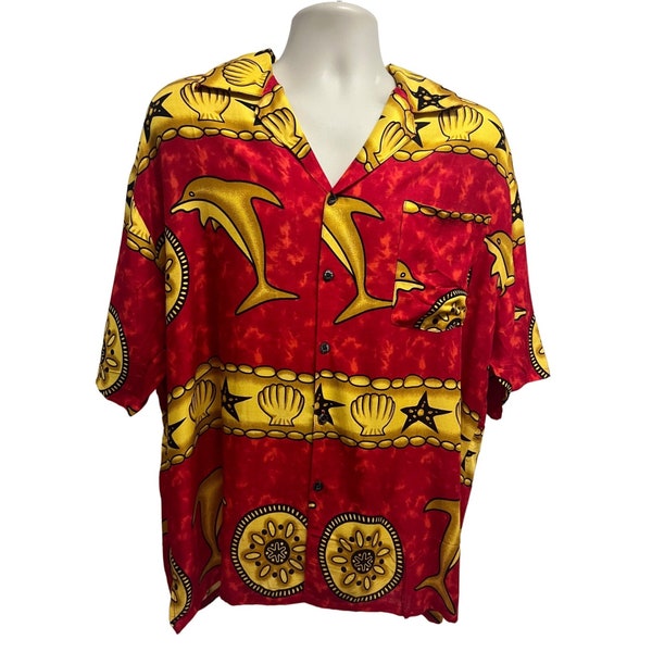 Mens Vintage Red Gold Dolphins Button Front Shirt XL Pocket Seashells Starfish