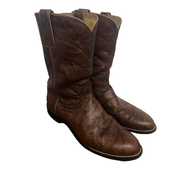 Justin Mens Brown Marled Leather Deerskin Western Cowboy Roper Boots US 9.5D
