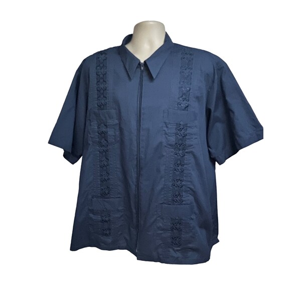 Guayabera Haband Vintage Mens Blue Zip Up Shirt 3XL Pockets Embroidered