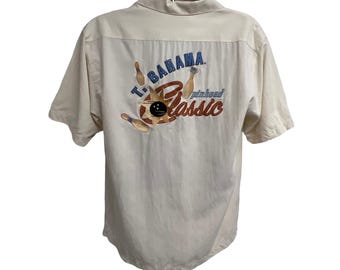 Tommy Bahama Vintage Beige Hawaiian Aloha Bowling Silk Button Front Shirt Mens Medium Pocket