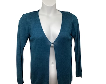 Cardigã feminino Eileen Fisher Petites Vintage em linho misto azul, tamanho 0/2 PP com elasticidade.