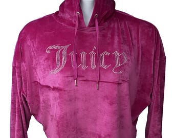 Juicy Couture Vintage Y2K Pink Velour Pullover Crop Hoodie Top Shirt Large Bling