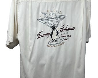 Tommy Bahama White Silk Button Up Shirt Mens Large Pocket Happy New Year Cocktails