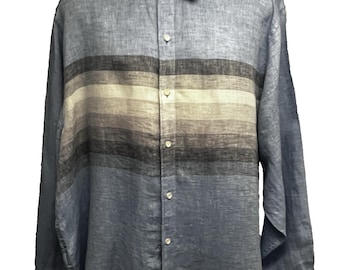 Camisa informal de lino con botones y bordado de rayas azules Tommy Bahama para hombre, talla 2XL, con logo.