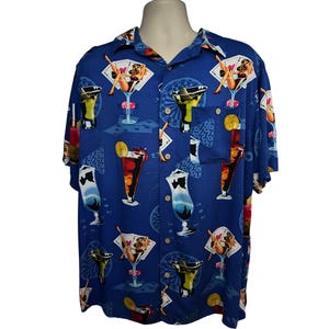 Camisa masculina vintage azul com botões Camp, bolso GG, estampa completa, Las Vegas Pin Up Girls