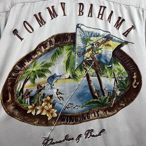 Tommy Bahama Beige Hawaiian Embroidered Tiki Button Up Shirt Mens 2XL Pocket image 4