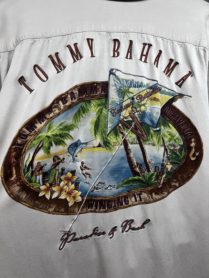 Tommy Bahama Beige Hawaiian Embroidered Tiki Button Up Shirt Mens 2XL Pocket image 4